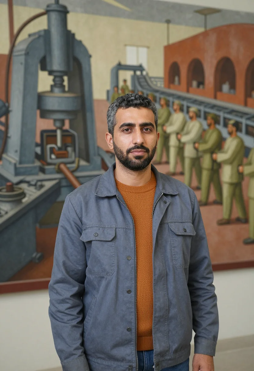 AI detroit industry murals engineer palette sample — portrait of a man, of Lebanese descent in his early fifties