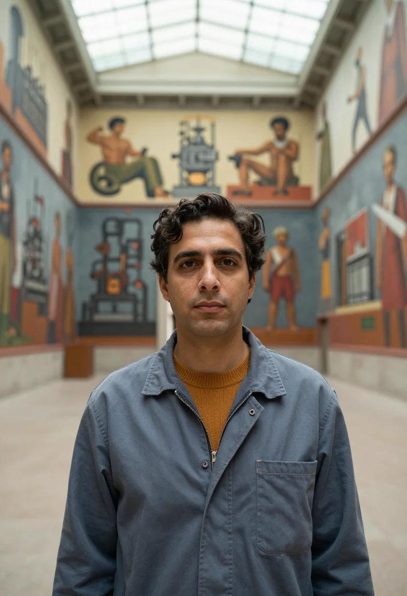 AI detroit industry murals engineer palette sample — portrait of a man, of Italian descent in his mid-thirties wi