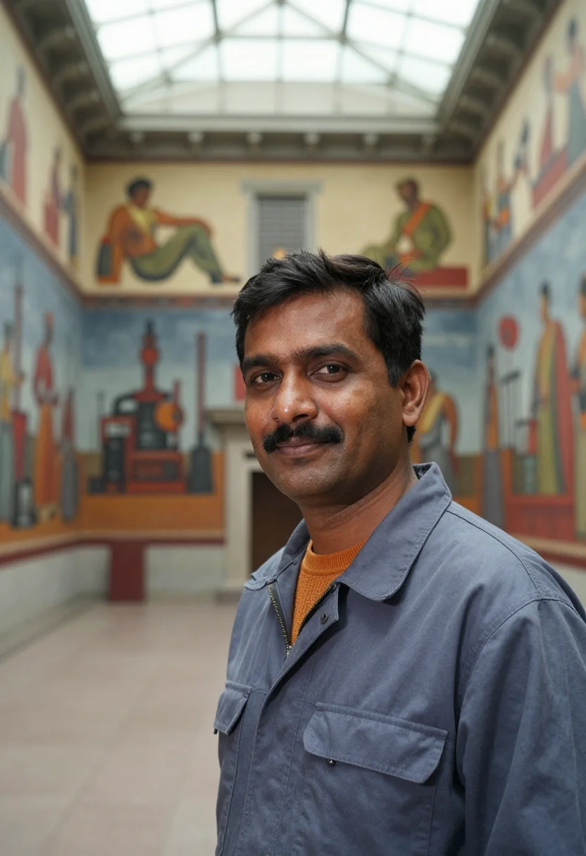 AI detroit industry murals engineer palette sample — portrait of a man, of Indian descent in his early forties wi