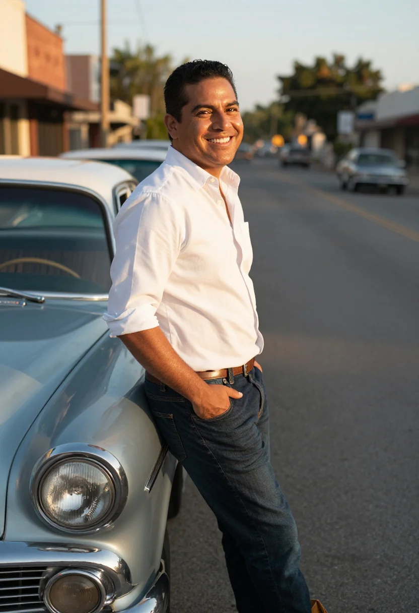 AI detroit motor sample — portrait of a man, waist-up portrait of a Latin-American man