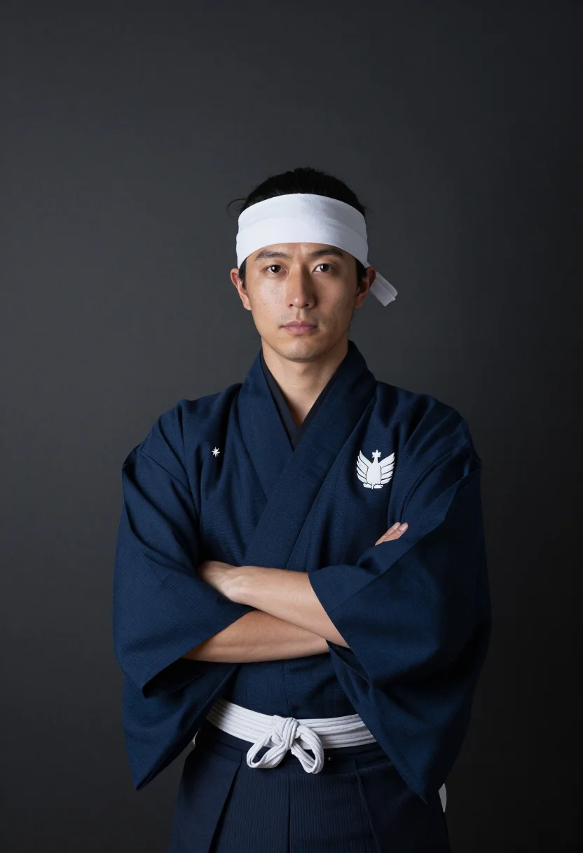 AI dezome shiki sample — portrait of a man, chest-up formal portrait of a Japanese ma