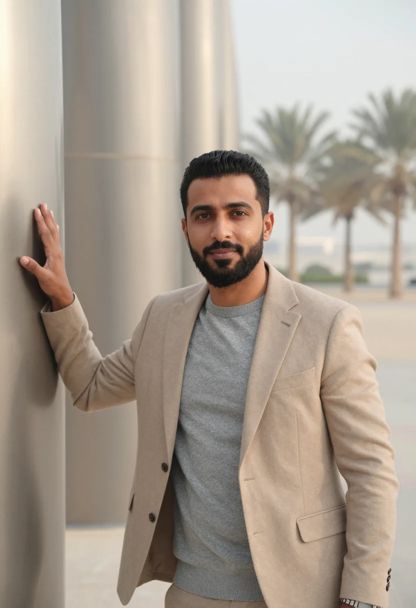 AI dhahran energy engineer sand steel sample — portrait of a man, framed chest-up, cropped at mid-chest, th