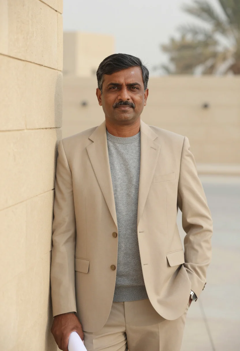 AI dhahran energy engineer sand steel sample — portrait of a man, framed at half-length, cropped at the hip