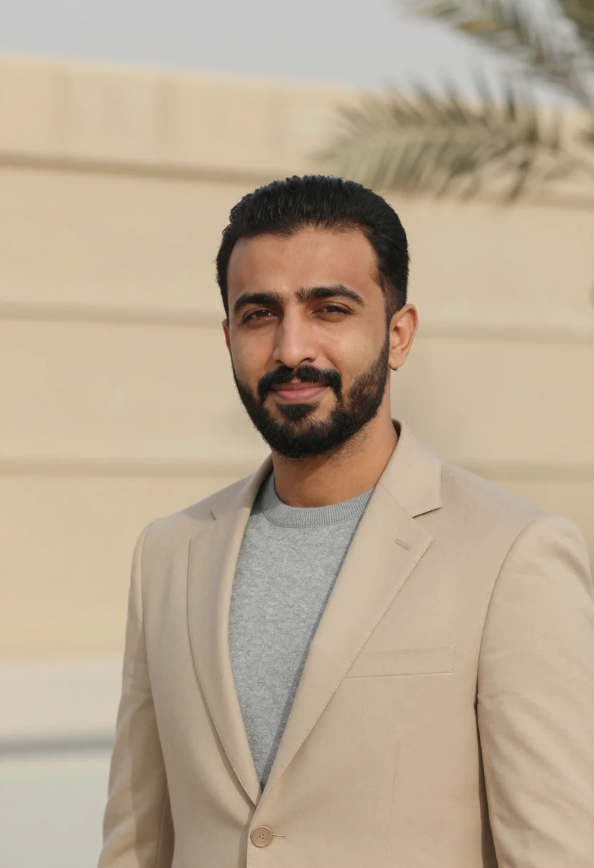AI dhahran energy engineer sand steel sample — portrait of a man, framed tight, head and shoulders, the bod