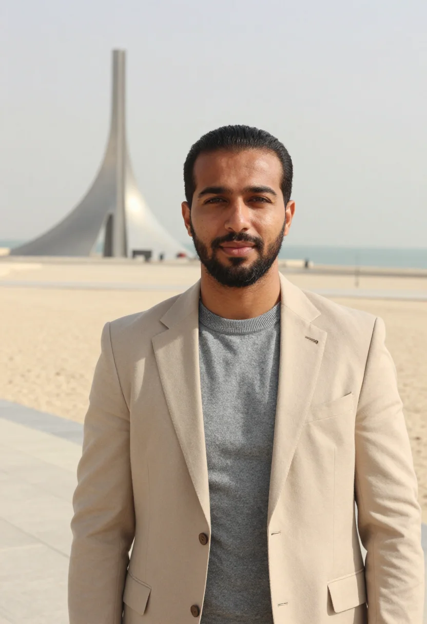 AI dhahran energy engineer sand steel sample — portrait of a man, framed tight, head and shoulders, the bod