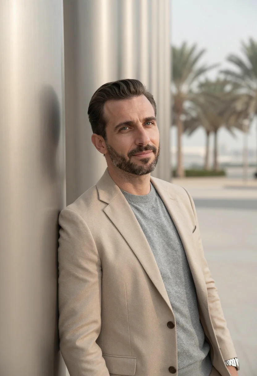 AI dhahran energy engineer sand steel sample — portrait of a man, framed tight, head and shoulders, the bod