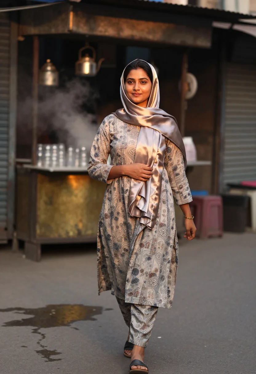 AI dhaka modest sample — portrait of a woman, three-quarter-length walking portrait o