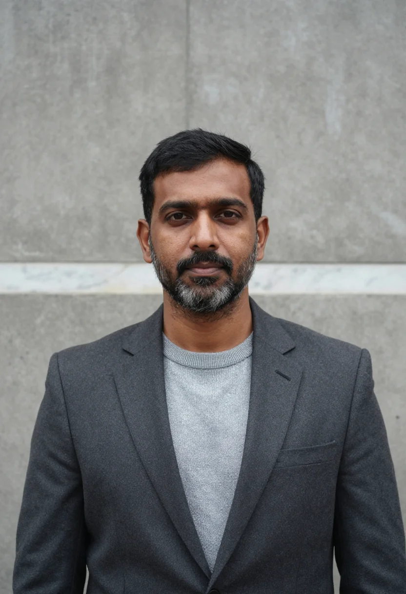 AI dhaka parliament architect concrete grey sample — portrait of a man, an architect in his late forties with war