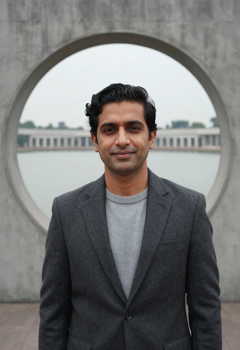 AI dhaka parliament architect concrete grey sample — portrait of a man, an architect in his early forties with go