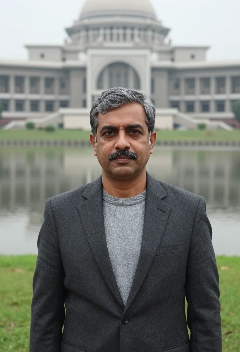 AI dhaka parliament architect concrete grey sample — portrait of a man, an architect in his early fifties with ol