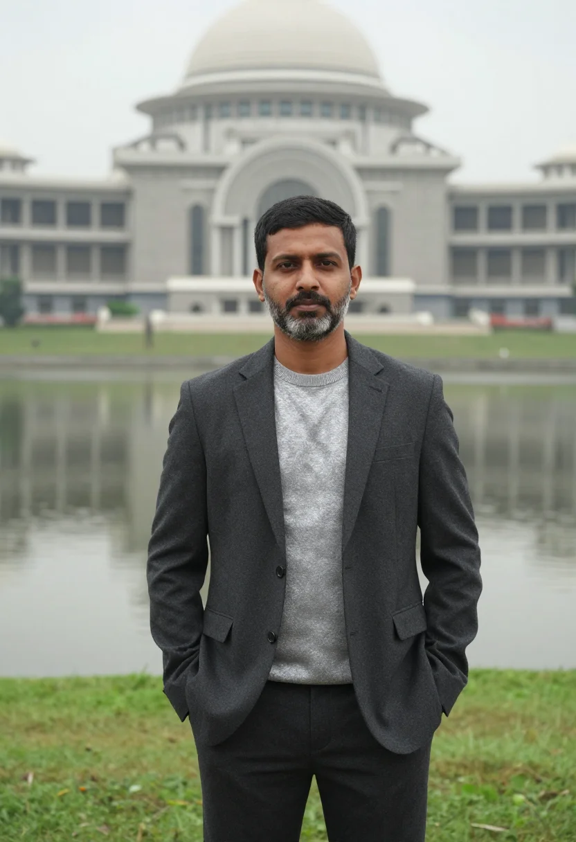 AI dhaka parliament architect concrete grey sample — portrait of a man, an architect in his mid-forties with hone