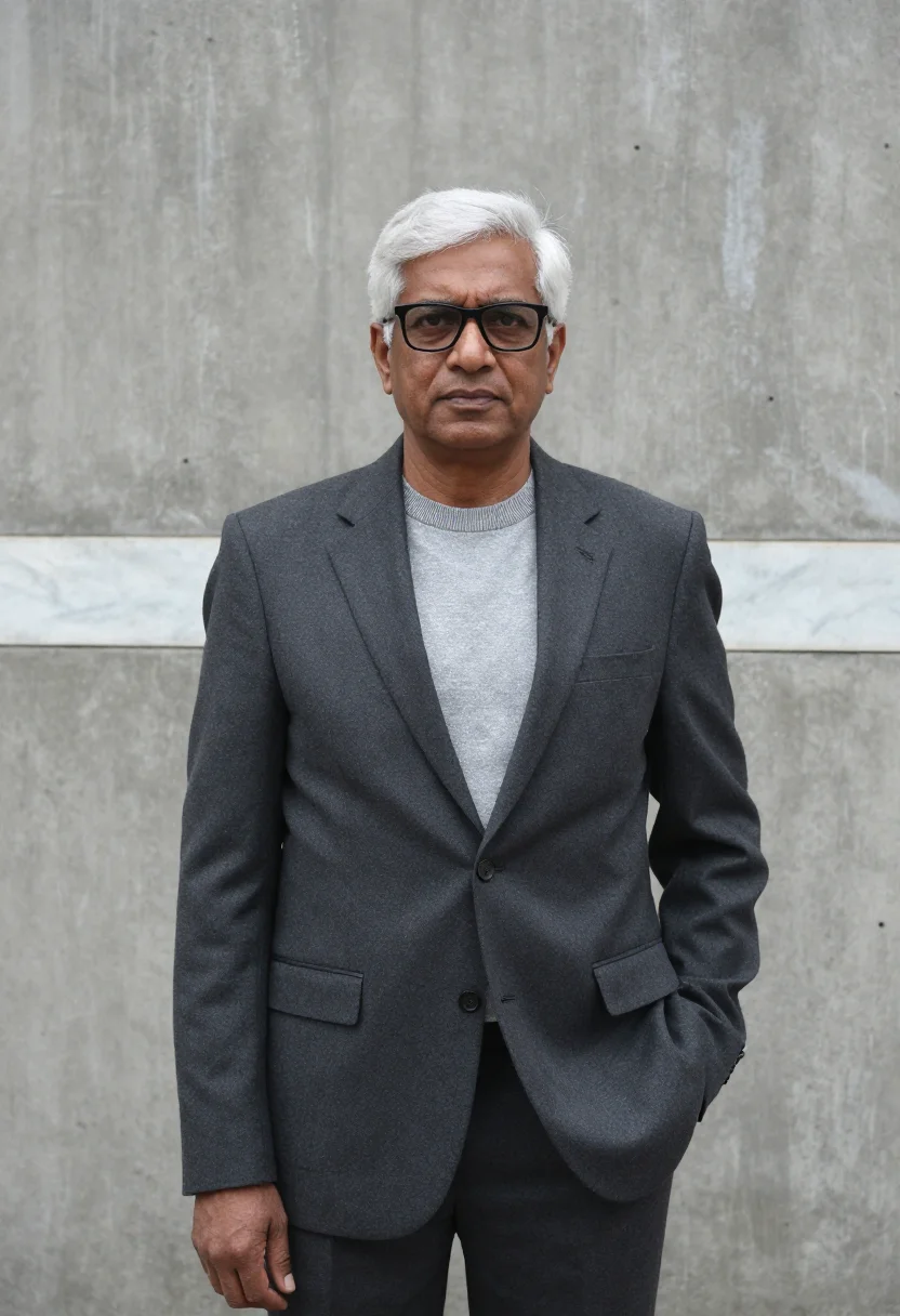 AI dhaka parliament architect concrete grey sample — portrait of a man, an architect in his sixties with brown sk