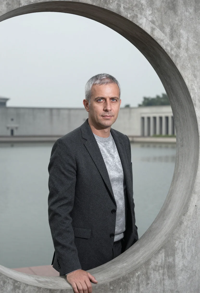 AI dhaka parliament architect concrete grey sample — portrait of a man, an architect in his fifties with fair ski