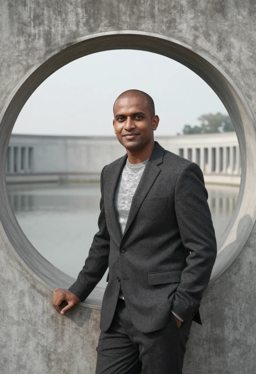 AI dhaka parliament architect concrete grey sample — portrait of a man, an architect in his late thirties with de