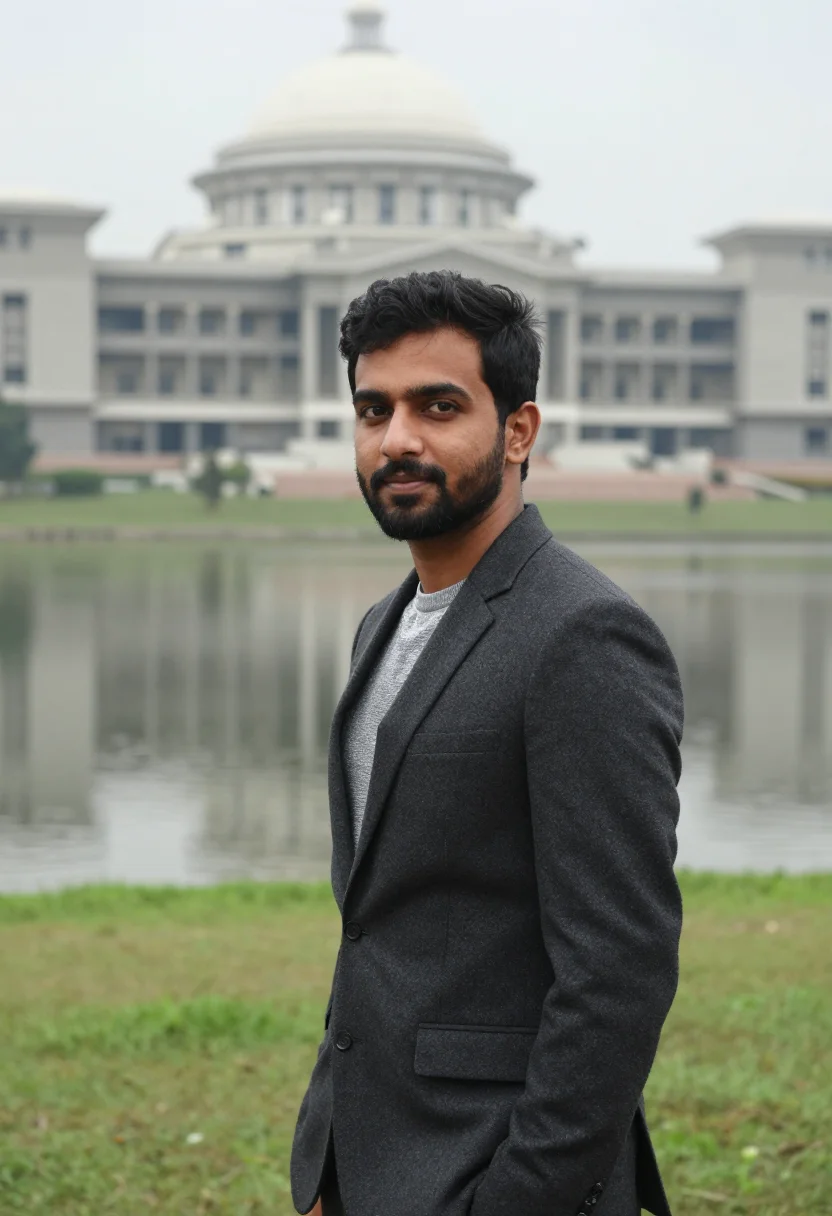 AI dhaka parliament architect concrete grey sample — portrait of a man, an architect in his early thirties with w