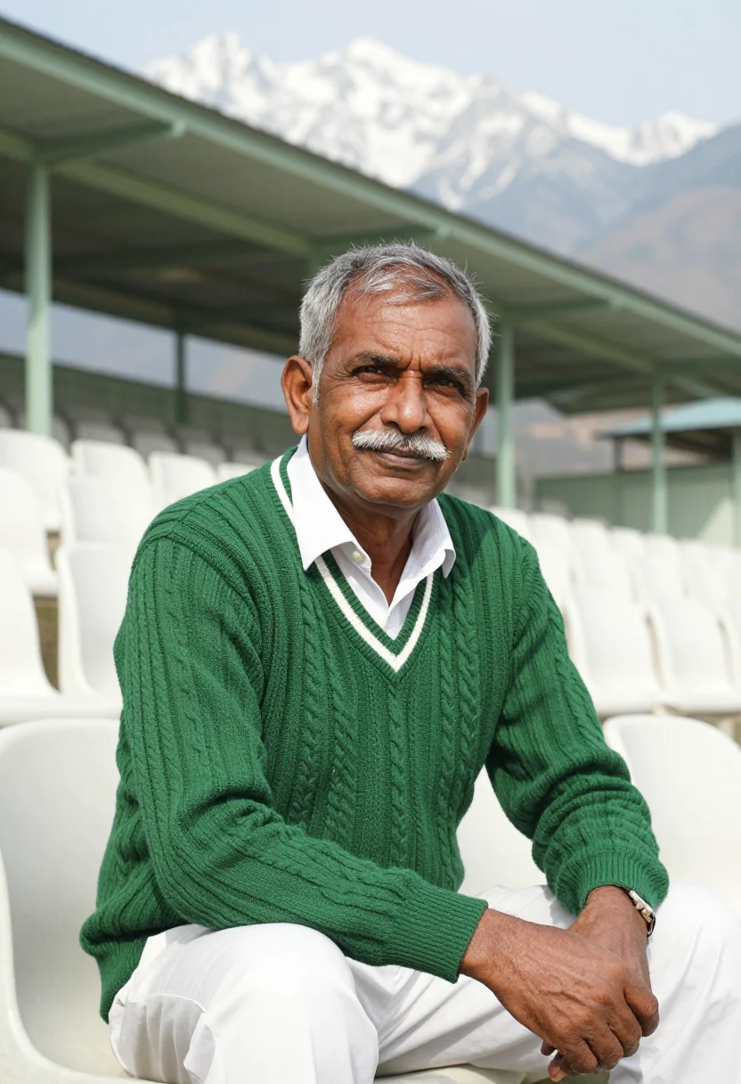 AI dharamshala cricket stadium dhauladhar snow sample — portrait of a man, a Bengali cricket spectator in his mid-fi