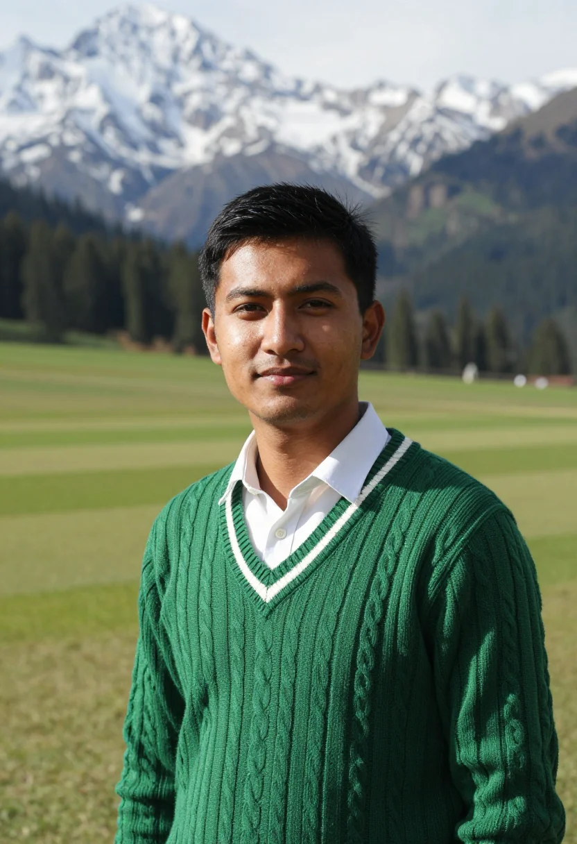 AI dharamshala cricket stadium dhauladhar snow sample — portrait of a man, a Tibetan cricket spectator in his late t