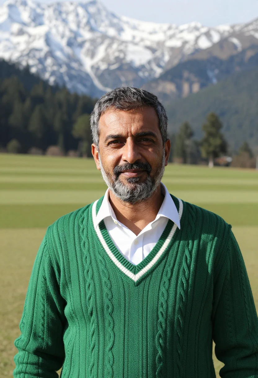 AI dharamshala cricket stadium dhauladhar snow sample — portrait of a man, a Punjabi cricket spectator in his mid-fo