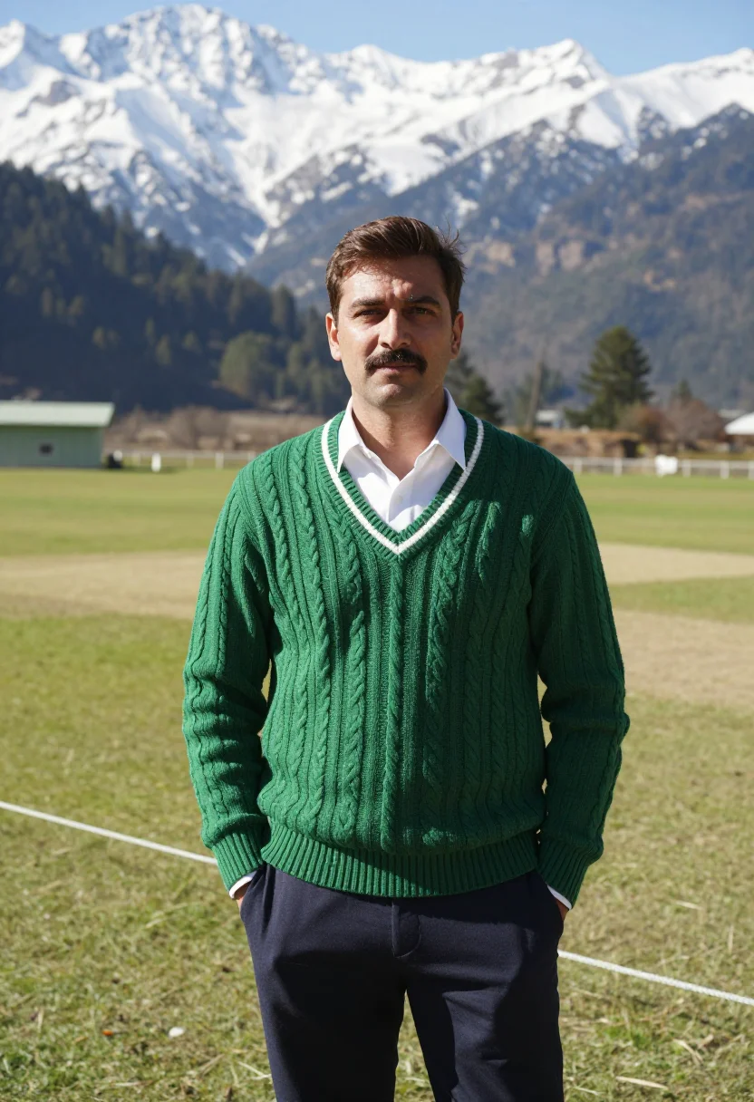 AI dharamshala cricket stadium dhauladhar snow sample — portrait of a man, a Himachali cricket spectator in his late