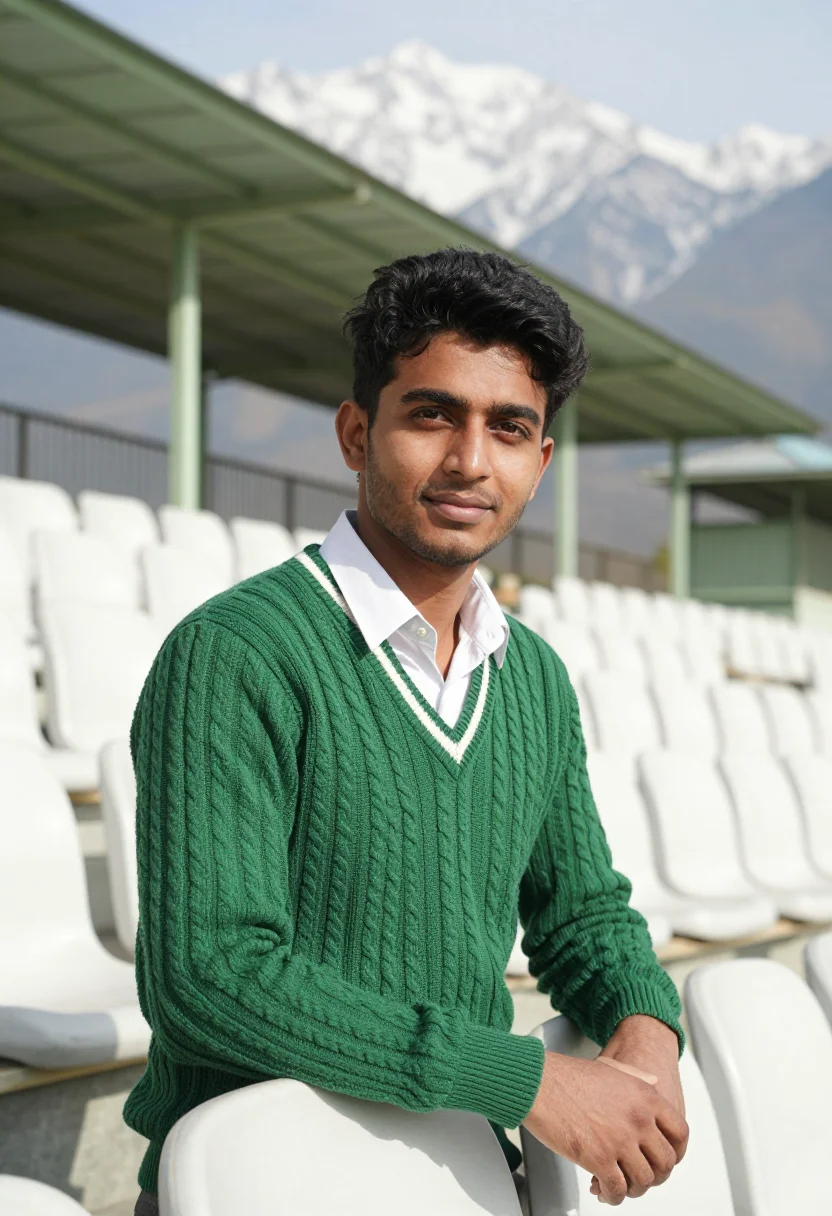 AI dharamshala cricket stadium dhauladhar snow sample — portrait of a man, a Himachali cricket spectator in his earl