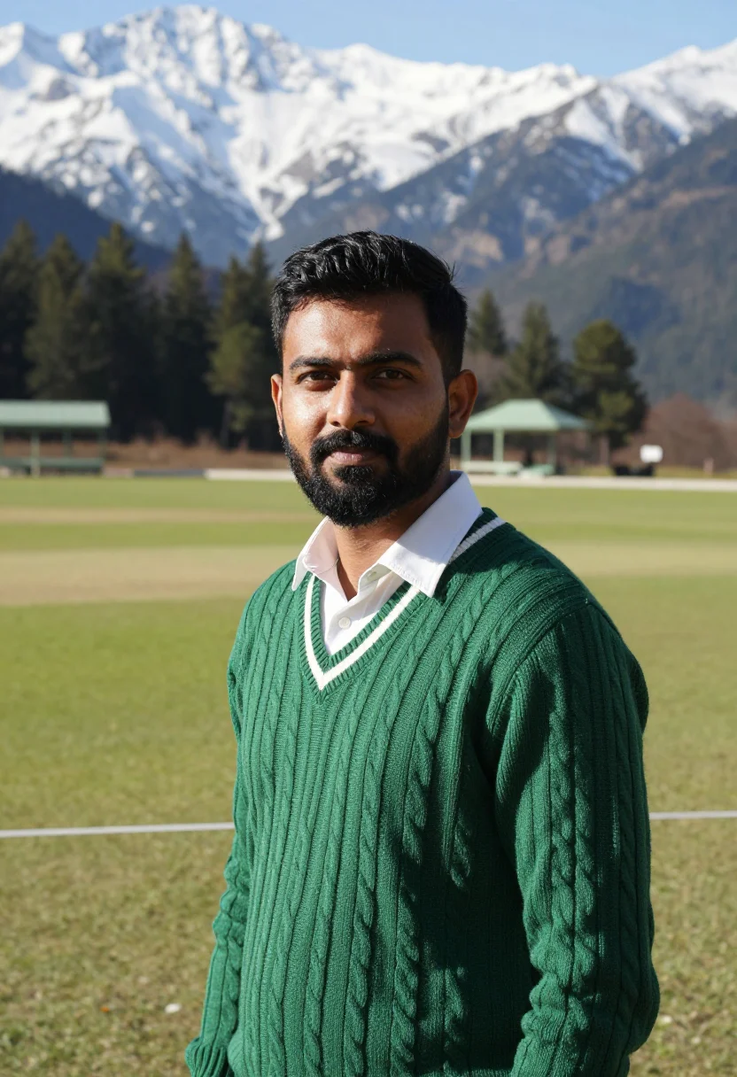 AI dharamshala cricket stadium dhauladhar snow sample — portrait of a man, a South-Asian cricket spectator in his la