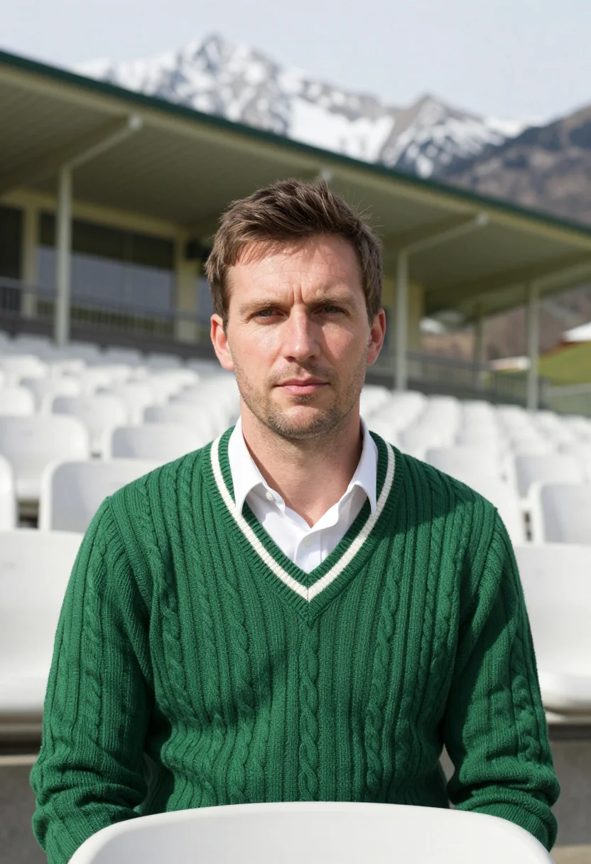 AI dharamshala cricket stadium dhauladhar snow sample — portrait of a man, a Western-European cricket spectator in h