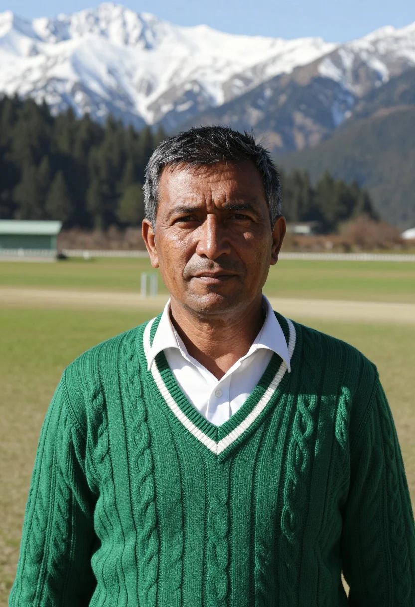 AI dharamshala cricket stadium dhauladhar snow sample — portrait of a man, a Tibetan cricket spectator in his mid-fo