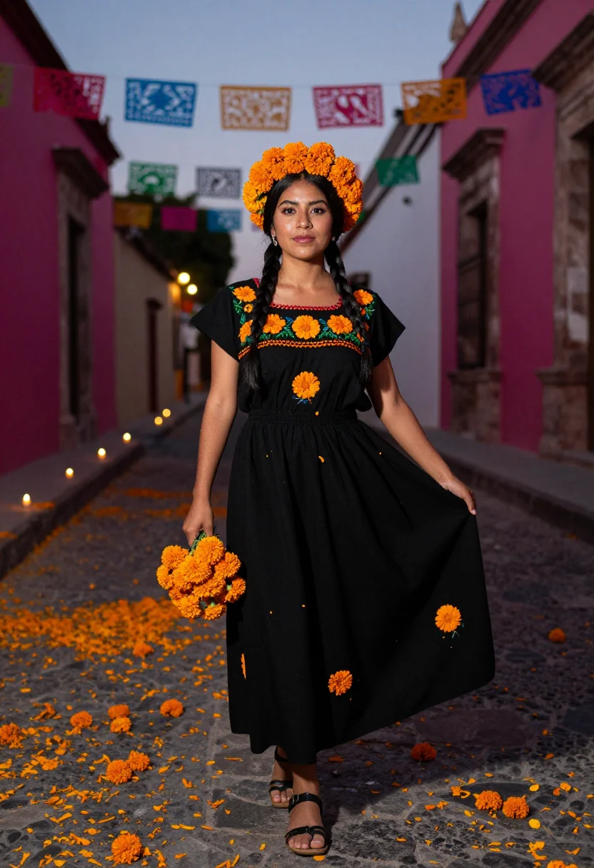 AI dia de muertos cempasuchil sample — portrait of a woman, full-length portrait of a Mexican woman