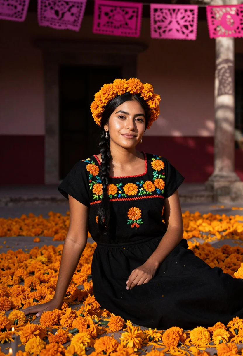 AI dia de muertos cempasuchil sample — portrait of a woman, three-quarter-length portrait of a Mexi