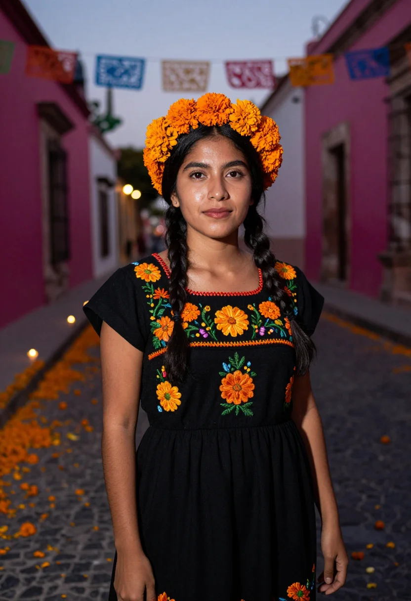 AI dia de muertos cempasuchil sample — portrait of a woman, chest-up portrait of a Mexican woman in