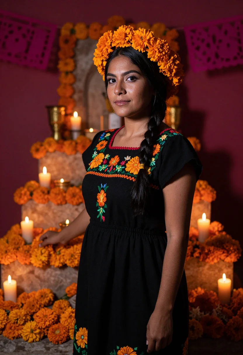 AI dia de muertos cempasuchil sample — portrait of a woman, three-quarter-length portrait of a Mexi