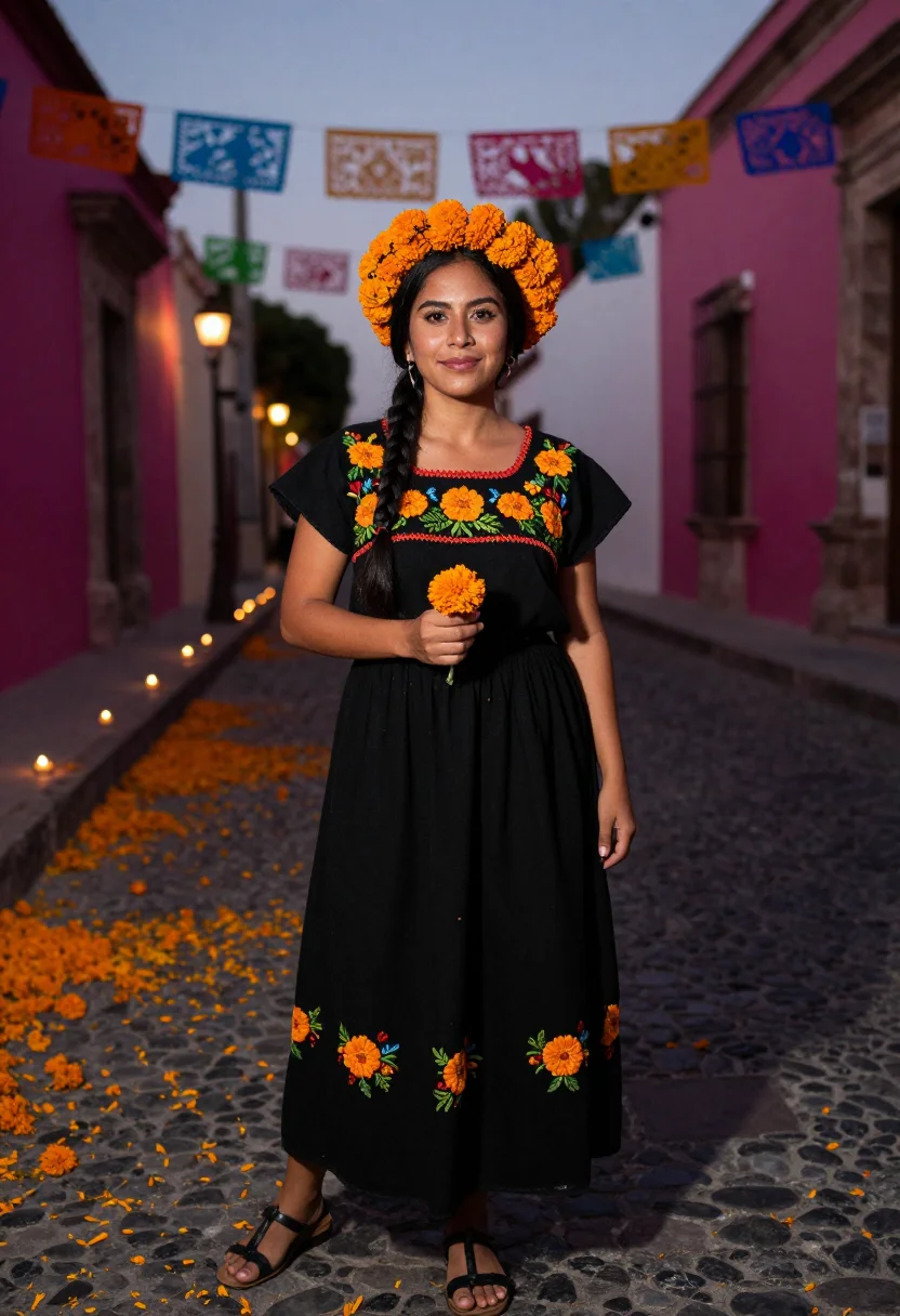AI dia de muertos cempasuchil sample — portrait of a woman, half-length portrait of a Mexican woman