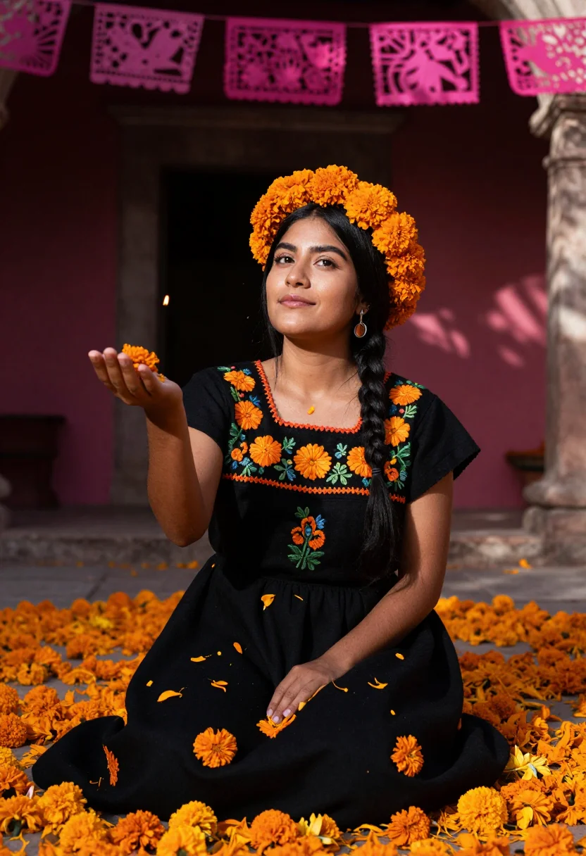 AI dia de muertos cempasuchil sample — portrait of a woman, half-length portrait of a Mexican woman
