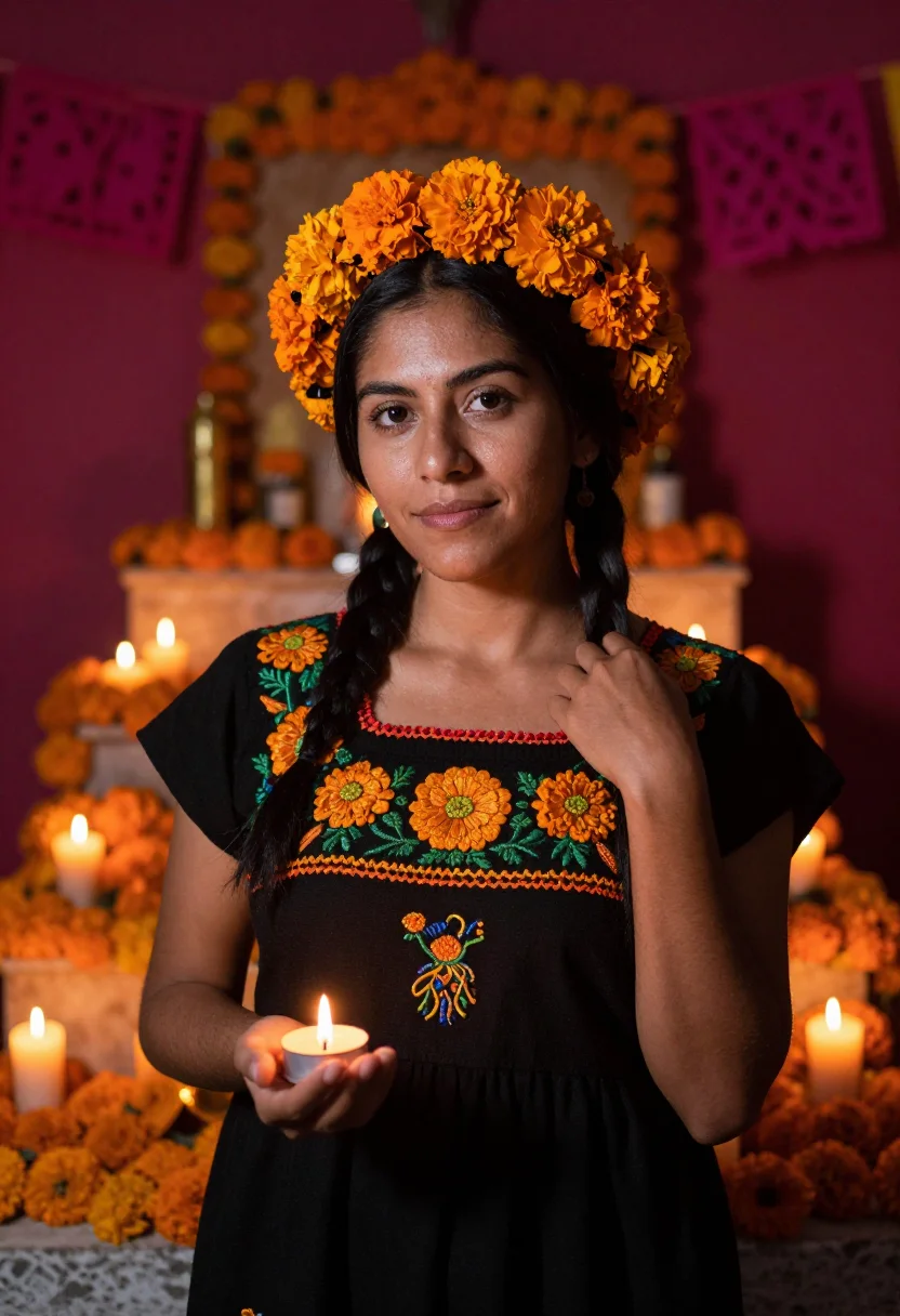 AI dia de muertos cempasuchil sample — portrait of a woman, half-length portrait of a Mexican woman