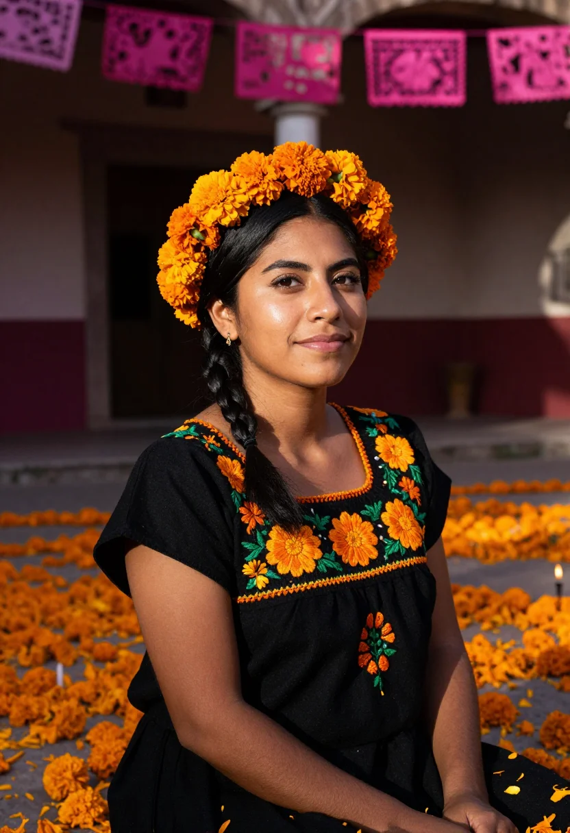 AI dia de muertos cempasuchil sample — portrait of a woman, chest-up portrait of a Mexican woman in