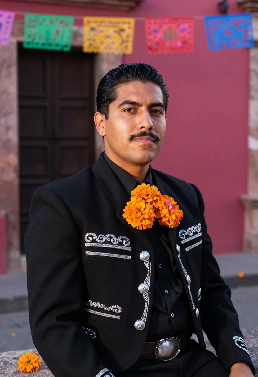 AI dia de muertos charro black marigold sample — portrait of a man, chest-up portrait of a Mexican man in his