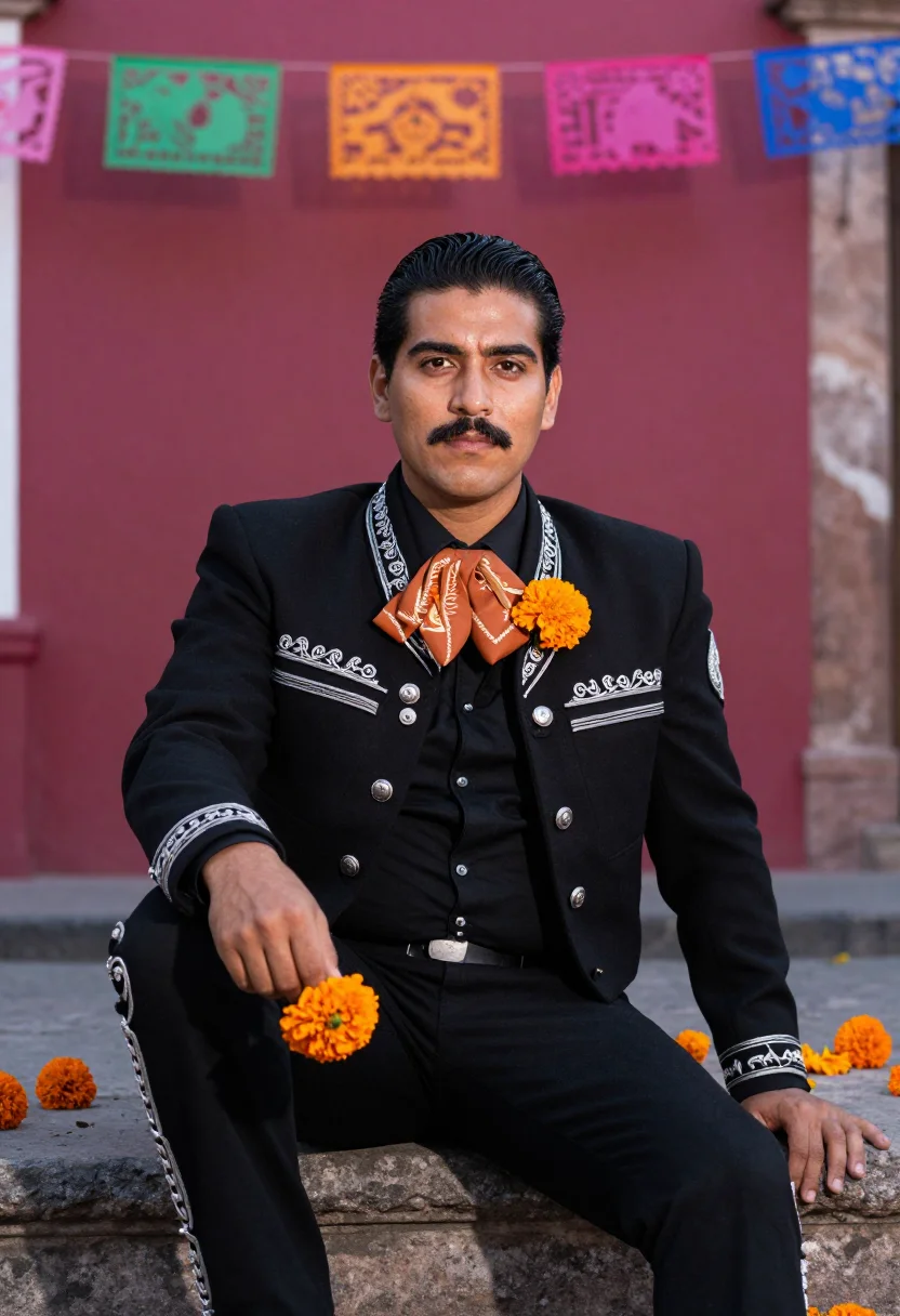 AI dia de muertos charro black marigold sample — portrait of a man, three-quarter-length portrait of a Mexica