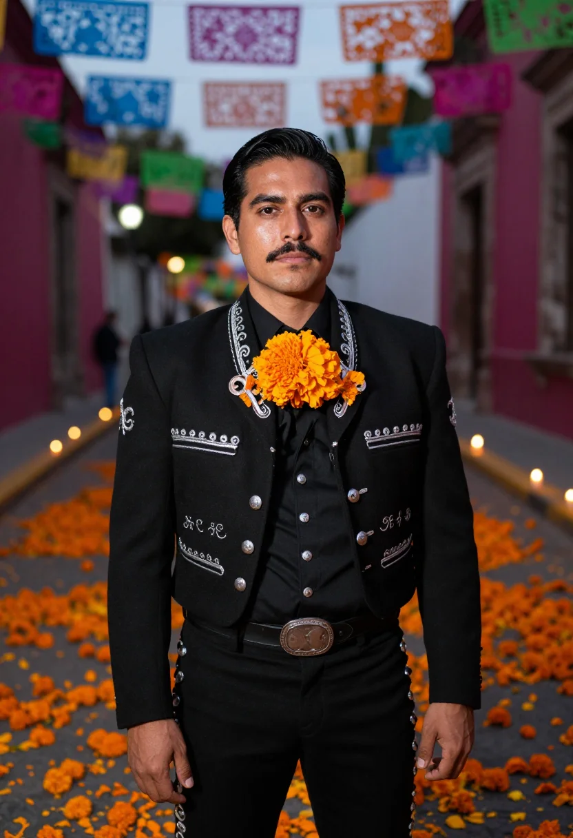 AI dia de muertos charro black marigold sample — portrait of a man, chest-up portrait of a Mexican man in his