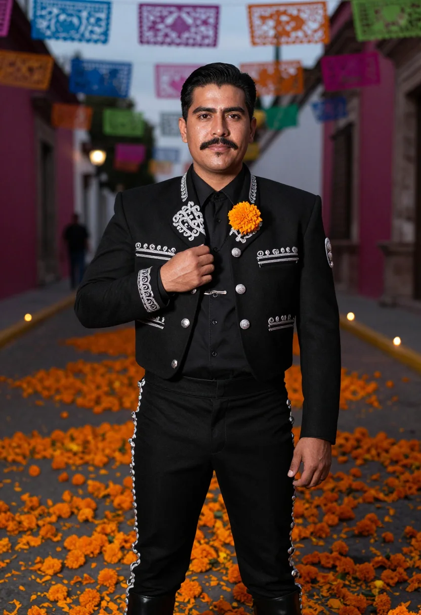 AI dia de muertos charro black marigold sample — portrait of a man, half-length portrait of a Mexican man in