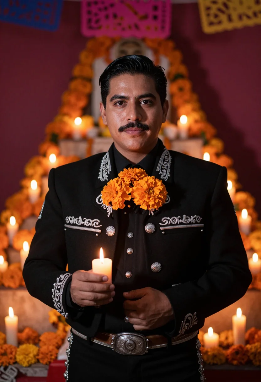 AI dia de muertos charro black marigold sample — portrait of a man, half-length portrait of a Mexican man in