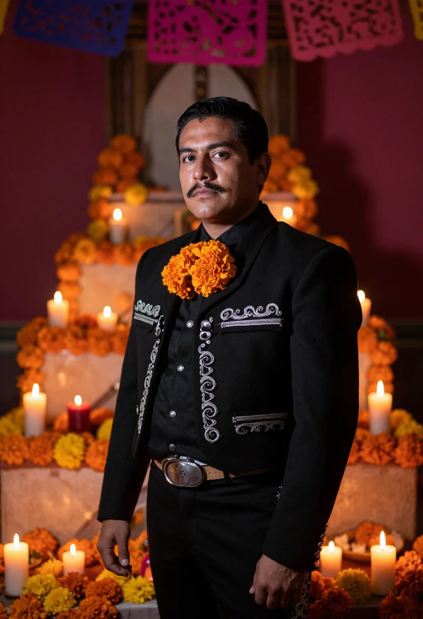 AI dia de muertos charro black marigold sample — portrait of a man, three-quarter-length portrait of a Mexica