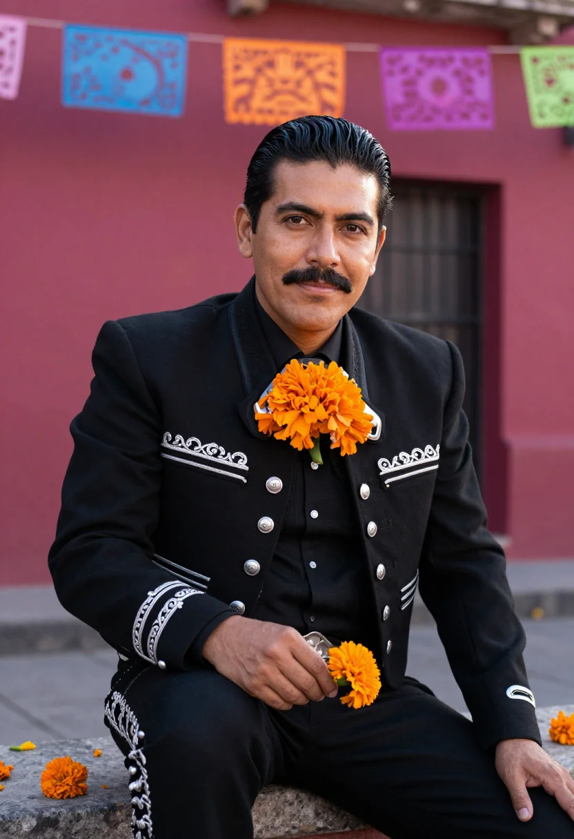 AI dia de muertos charro black marigold sample — portrait of a man, half-length portrait of a Mexican man in