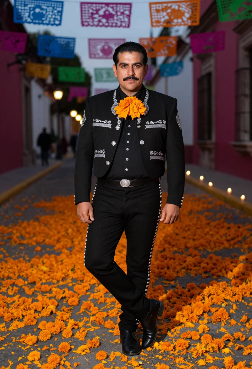 AI dia de muertos charro black marigold sample — portrait of a man, full-length portrait of a Mexican man in