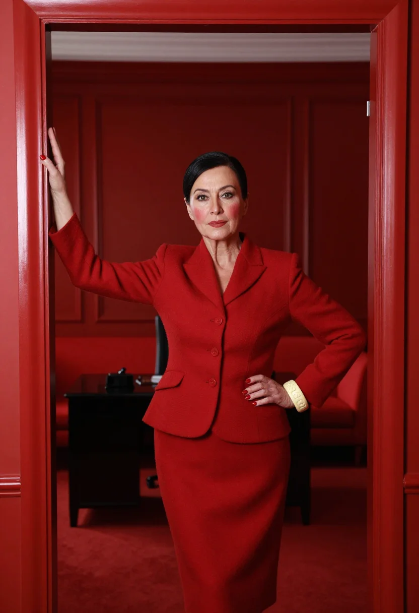 AI diana vreeland vogue office red sample — portrait of a woman, framed half-length from the head to the