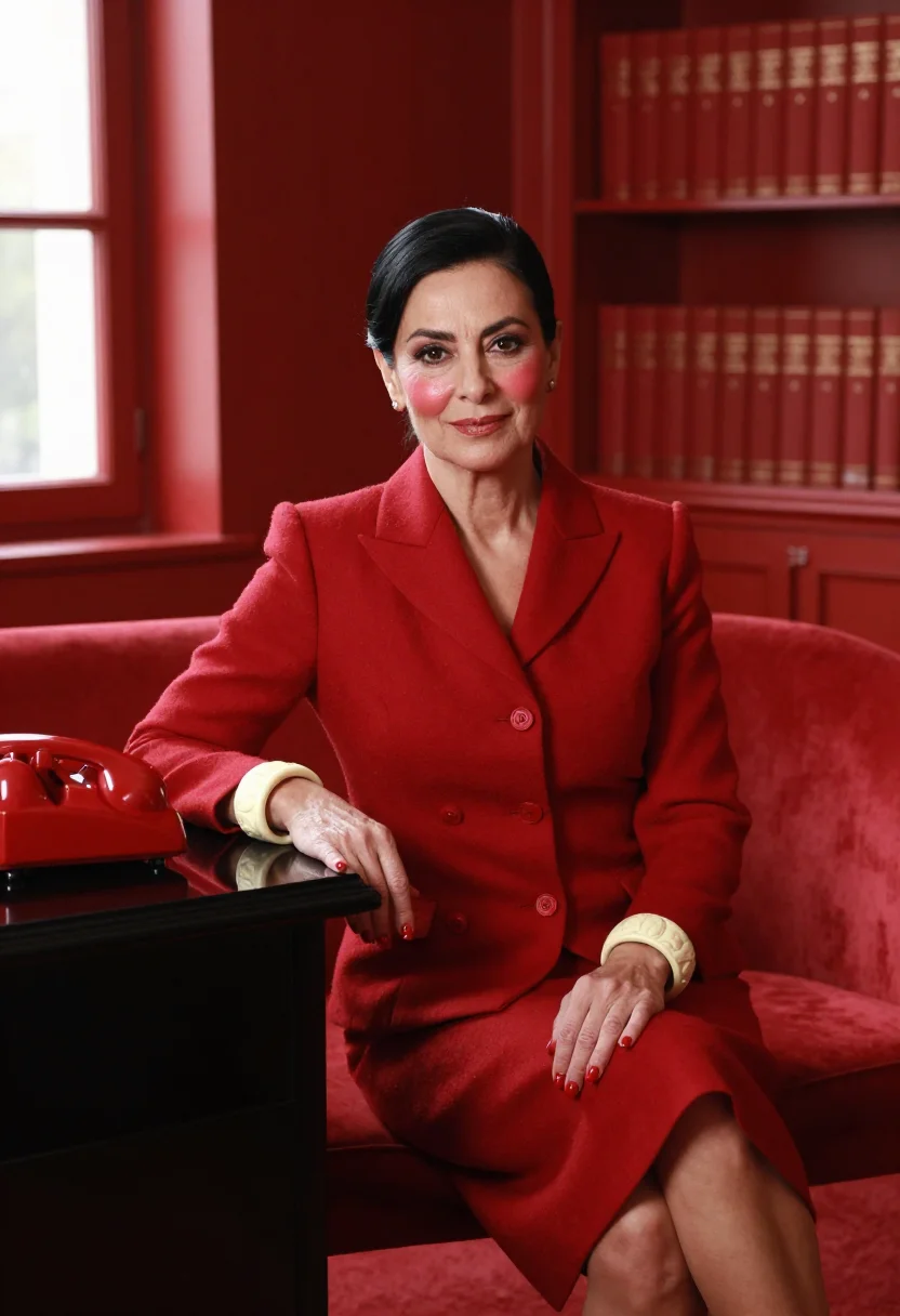 AI diana vreeland vogue office red sample — portrait of a woman, framed half-length from the head to the