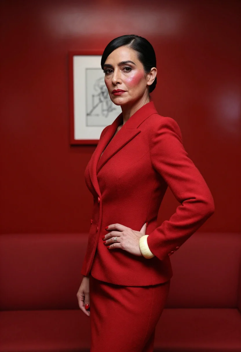 AI diana vreeland vogue office red sample — portrait of a woman, framed half-length from the head to the