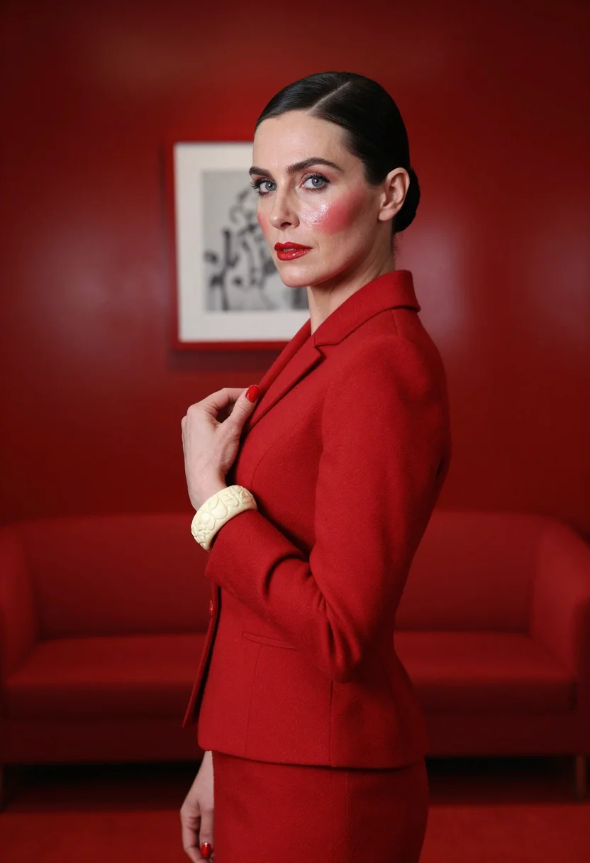AI diana vreeland vogue office red sample — portrait of a woman, framed chest-up, cropped at the ribs, t