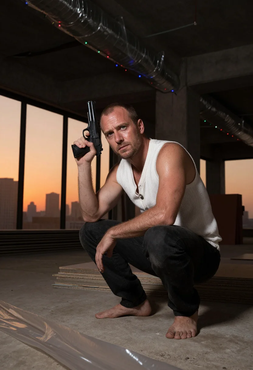 AI die hard nakatomi sample — portrait of a man, low-angle full-length portrait of a man i