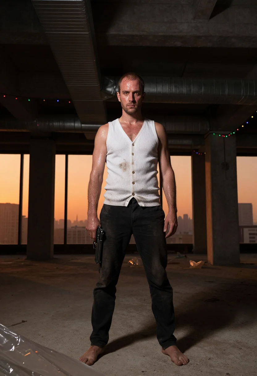 AI die hard nakatomi sample — portrait of a man, low-angle frontal full-length portrait of