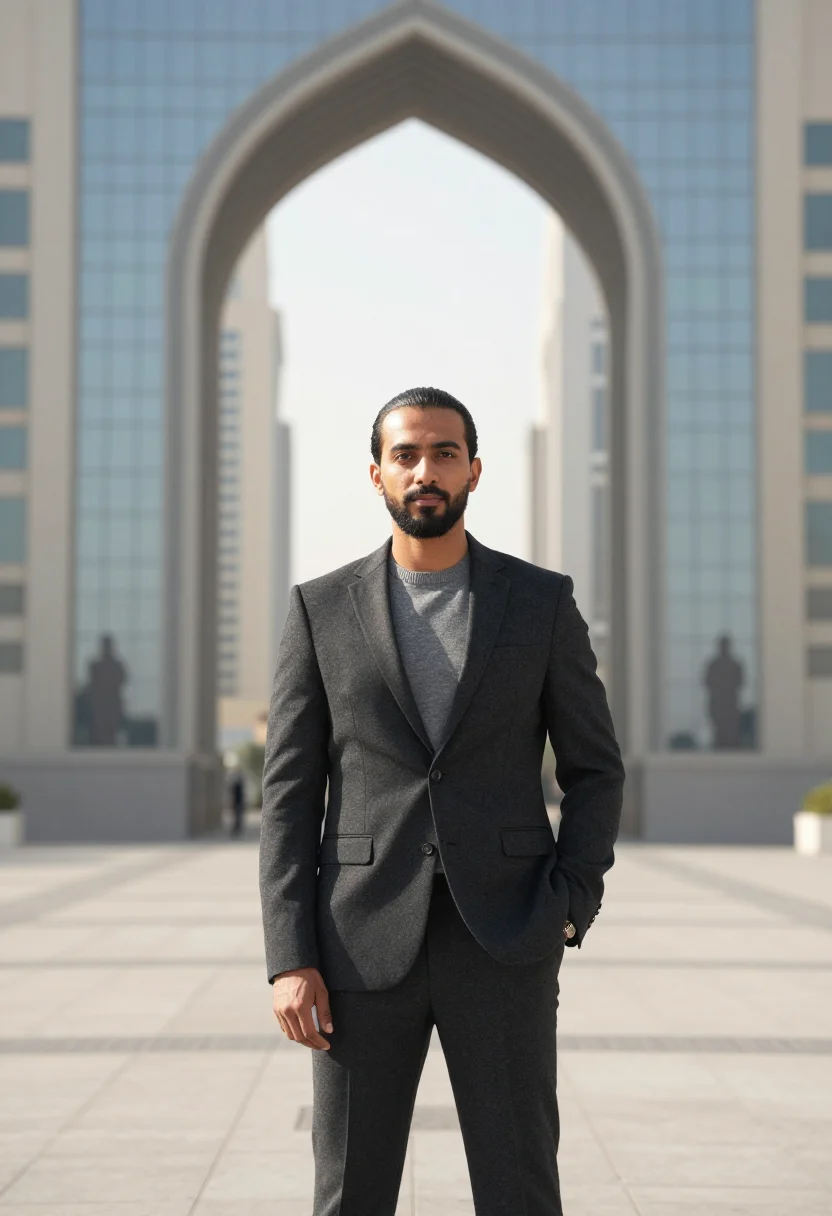AI difc fund manager gate glass grey sample — portrait of a man, a fund manager in his late forties of Emi